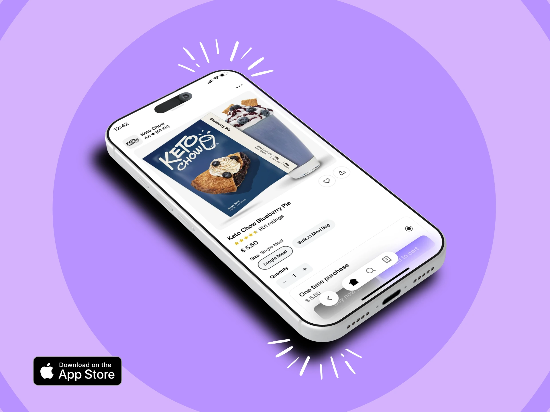 Smartphone displaying a keto food ordering app on a purple background.